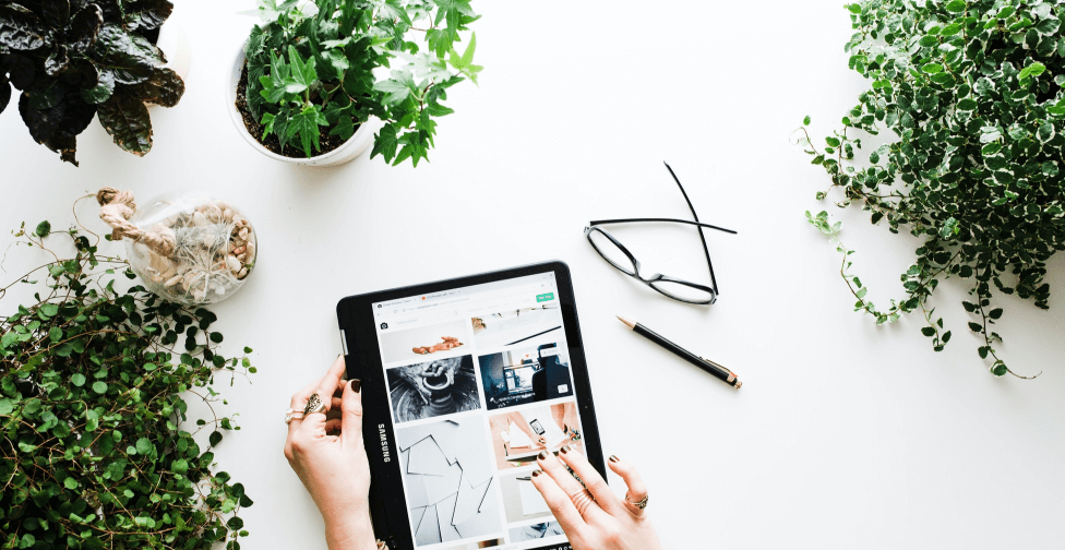Eine Person verwendet ein Tablet, auf dem eine Design-Website angezeigt wird, umgeben von Topfpflanzen auf einer weißen Oberfläche. Brille und Stift stehen daneben und schaffen eine frische und kreative Arbeitsplatzatmosphäre, die an die Planung für die Finanzierung einer Arztpraxis erinnert.