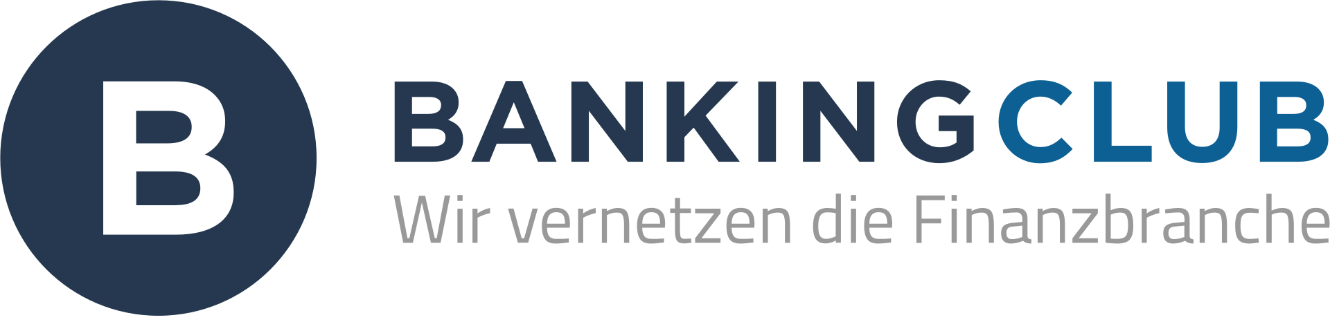 Das Logo des Banking Clubs besteht aus einem dunkelblauen Kreis mit einem weißen B darin. Daneben steht der Text BANKINGCLUB und darunter „Wir vernetzen die Finanzbranche“, was darauf hindeutet, dass der Fokus auf der Vernetzung im Finanzsektor liegt.