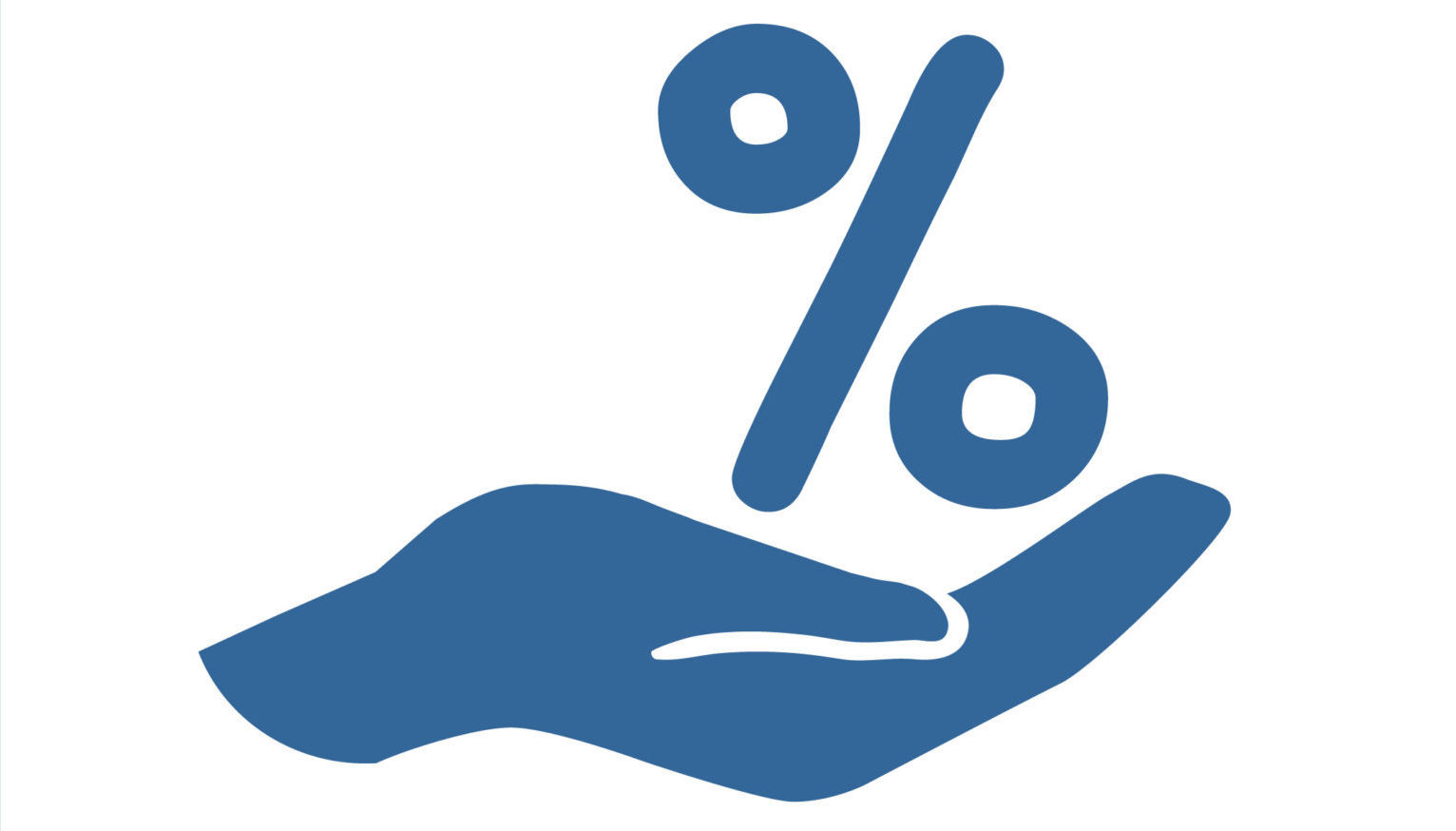 Die blaue Silhouette einer Hand, die ein Prozentsymbol umklammert, erinnert an Themen wie Zinswende, Zinssätze, Rabatte oder Finanzberechnungen.