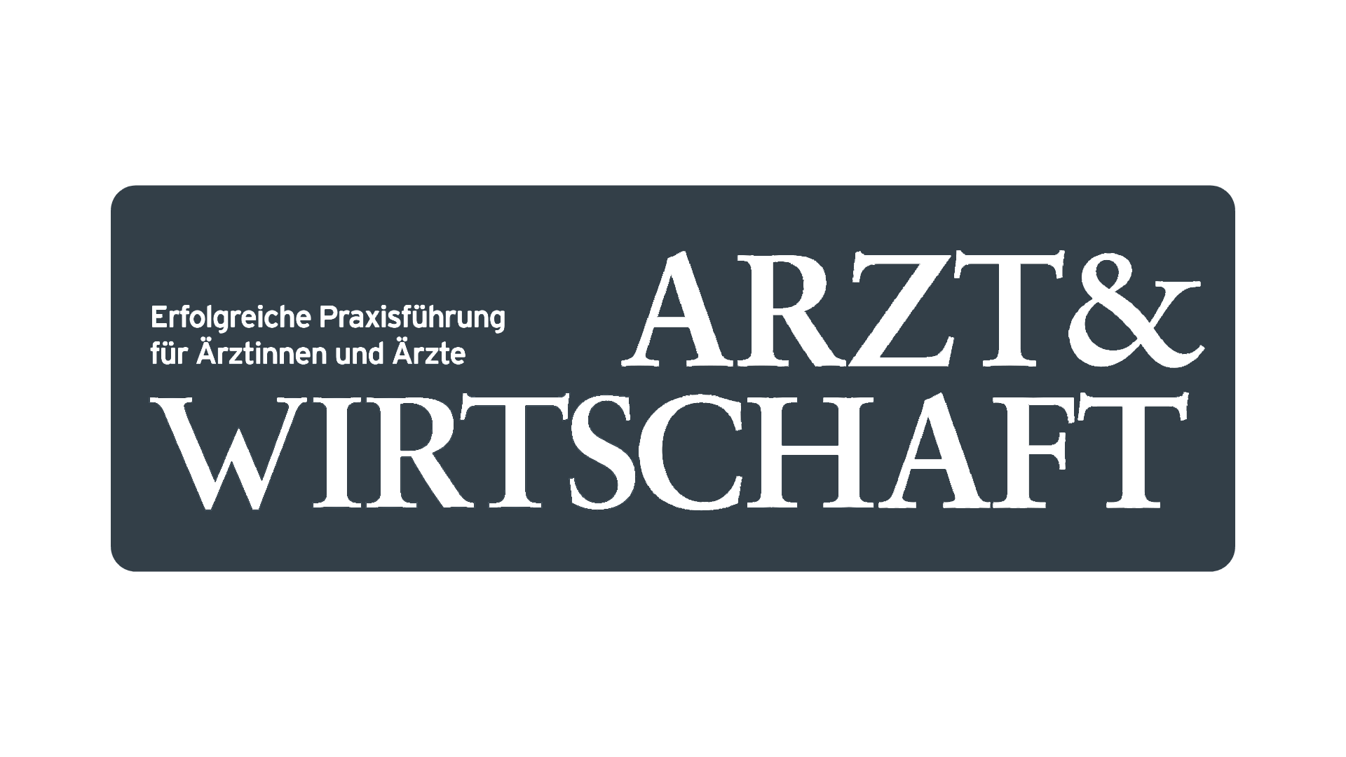 Logo mit Text in deutscher Sprache: Erfolgreiche Praxisführung für Ärztinnen und Ärzte sowie ARZT & WIRTSCHAFT, prominent dargestellt in großen weißen Buchstaben auf dunkelgrauem Hintergrund. Das Design integriert auf subtile Weise ein Element, das an eine Ärztebank erinnert und die finanzielle Unterstützung für medizinisches Fachpersonal symbolisiert.