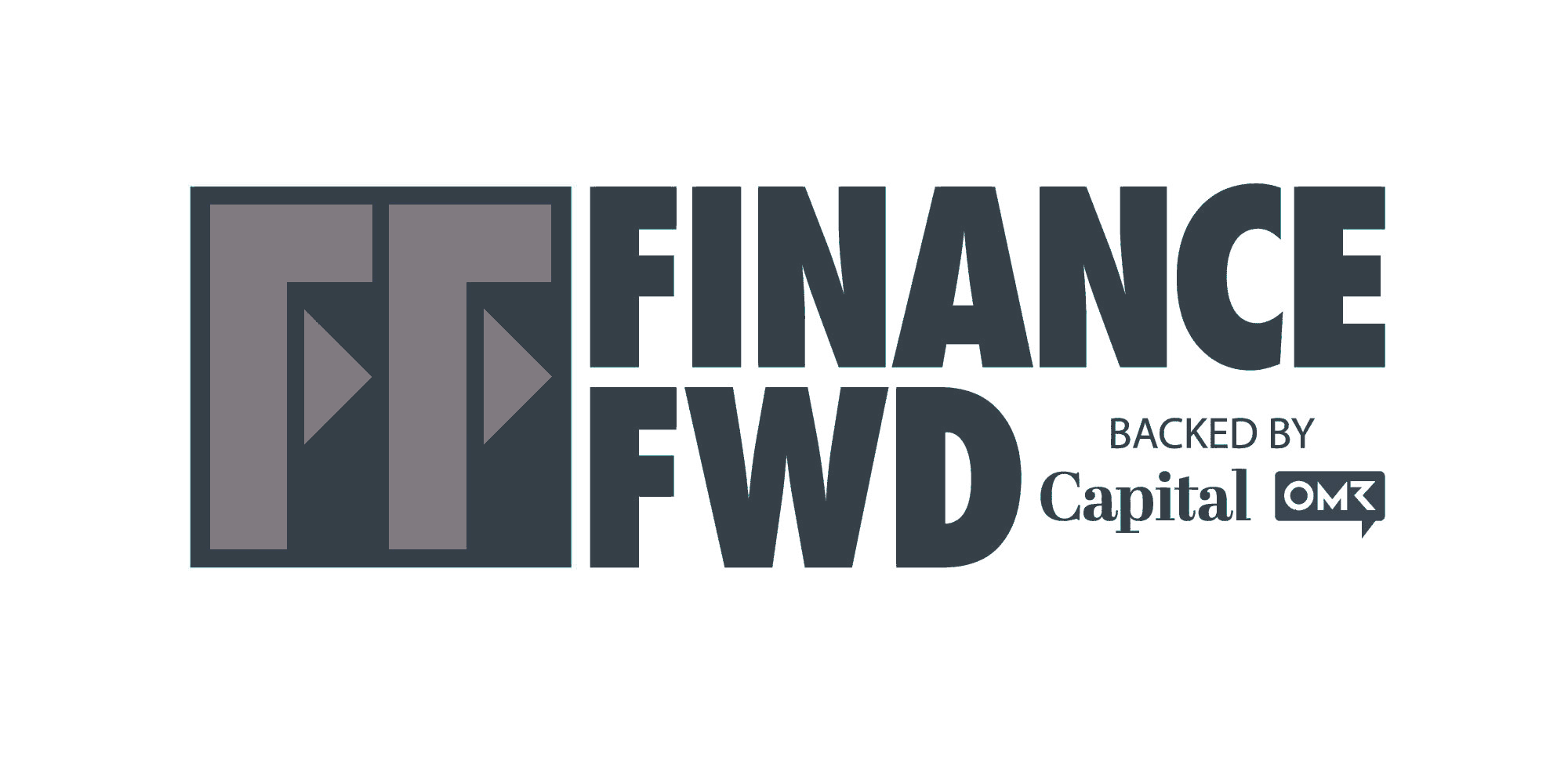 Das Logo von Finance FWD zeigt links die stilisierten Buchstaben FF in Grau und rechts in Dunkelgrau FINANCE FWD und BACKED BY Capital One. Inspiriert von der Liebe zum Detail der Ärztebank.