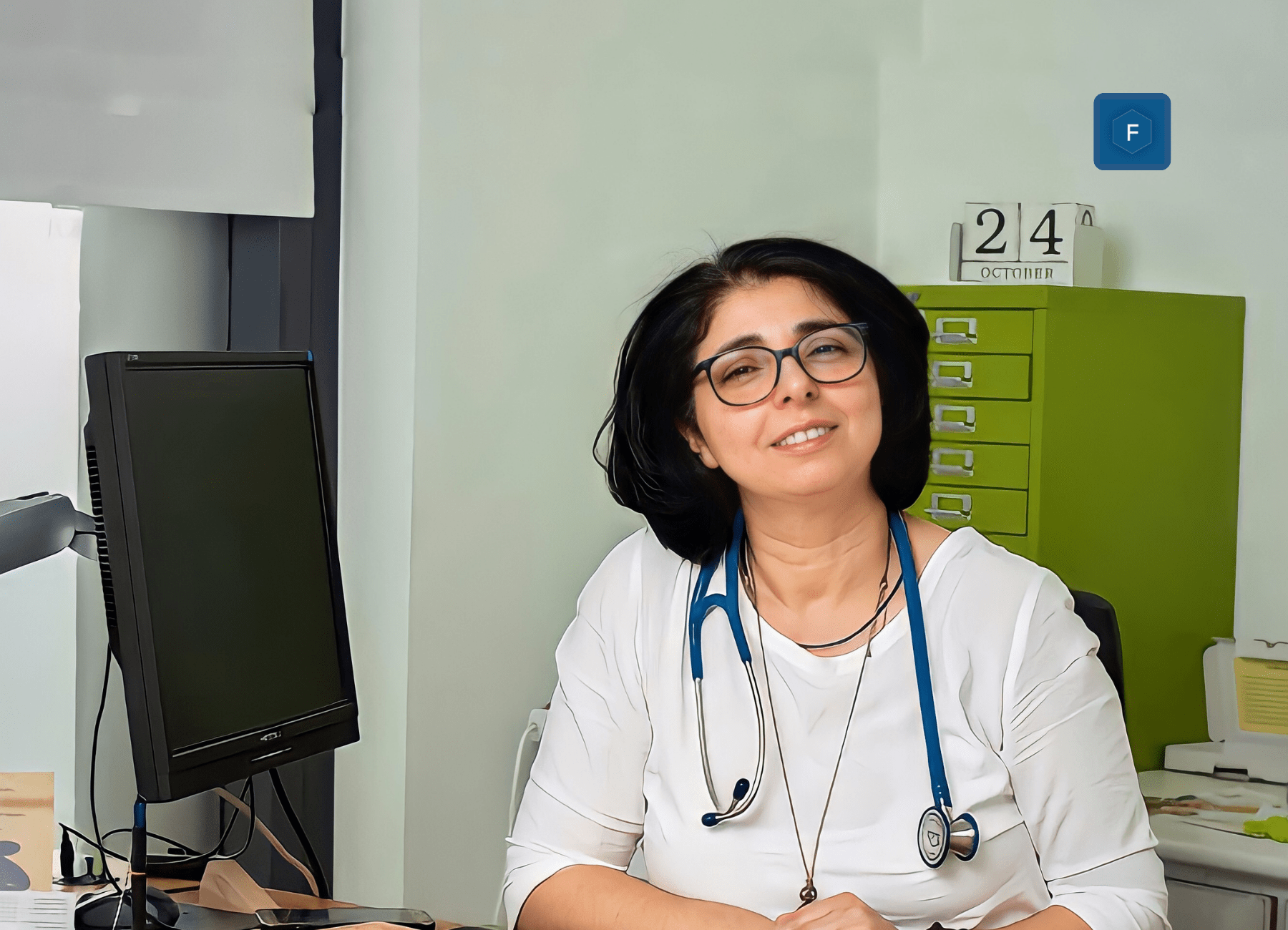 Eine Frau mit Brille und einem Stethoskop um den Hals sitzt lächelnd an einem Schreibtisch in einem Büro und spiegelt den Erfolg der digitalen Praxisfinanzierung wider. Auf dem Schreibtisch steht ein Computermonitor und ein Kalender hinter ihr zeigt das Datum 24. Oktober.