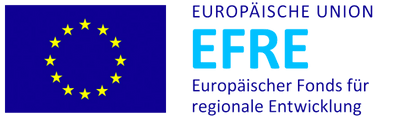 Das Bild zeigt die EU-Flagge mit gelben Sternen in einem Kreis auf blauem Hintergrund sowie den Text „EUROPÄISCHE UNION EFRE Europäischer Fonds für regionale Entwicklung“, der Einblicke in uns und unser Engagement für regionales Wachstum bietet.