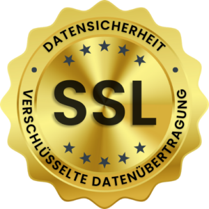 Goldsiegel mit SSL in der Mitte, umgeben von Sternen. Auf dem äußeren Ring steht „Datensicherheit“ und „Verschlüsselte Datenübertragung“, was auf eine sichere Datenübertragung in deutscher Sprache hinweist.