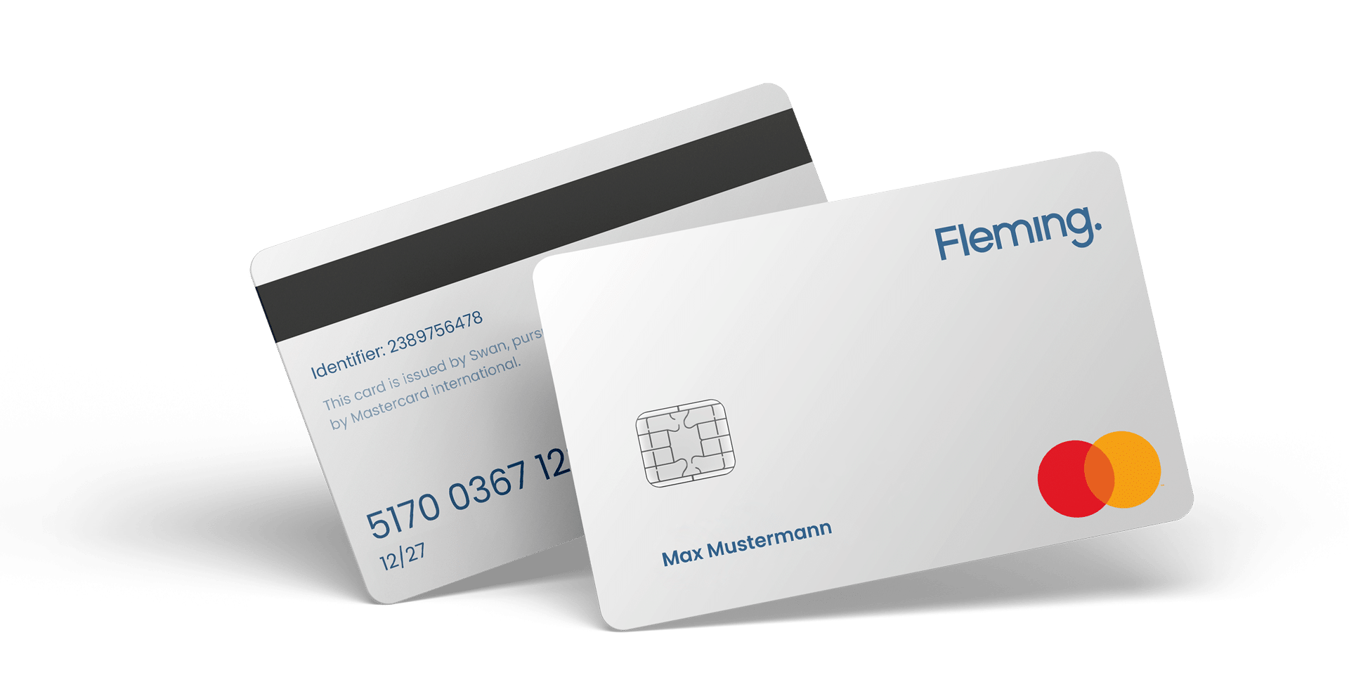 Es werden zwei Kreditkarten angezeigt. Die Vorderseite der Karte, die sich ideal für die Apothekenfinanzierung eignet, zeigt einen Chip, den Namen Flenning, ein Mastercard-Logo und Max Mustermann. Die Rückseite der Karte zeigt einen Magnetstreifen, die Teilkartennummer 5170 0367 12 und eine Identifikationsnummer.