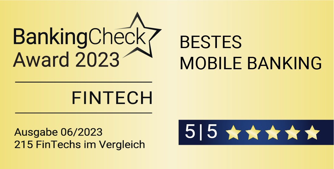 Award-Grafik mit dem BankingCheck Award 2023 und Stern für das beste Mobile Banking in der Kategorie Fintech, darunter auch die ärztebank. Mit 5 von 5 Sternen bewertet, wie in Ausgabe 06/2023 - 215 FinTechs im Vergleich erwähnt.