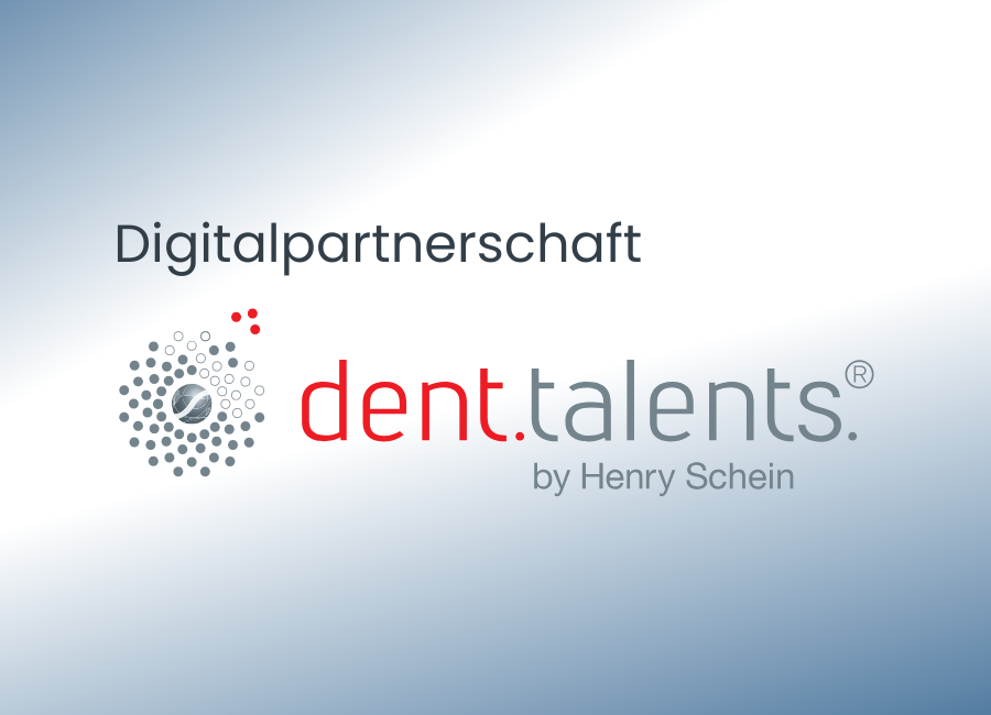 Logo mit dem Text „Digitalpartnerschaft dent.talents“ von Henry Schein mit einem stilisierten kreisförmigen Design aus Punkten auf einem blau-weißen Hintergrund mit Farbverlauf.