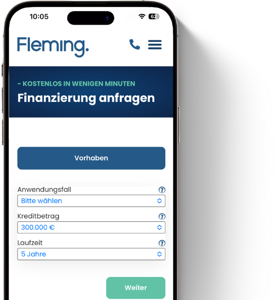 Auf dem Bildschirm eines Smartphones wird ein Finanzantragsformular in deutscher Sprache angezeigt. Es fragt nach Benutzerdaten wie Kreditbetrag (300.000 €), Laufzeit (5 Jahre) und verfügt über Navigationsschaltflächen für weitere Schritte.