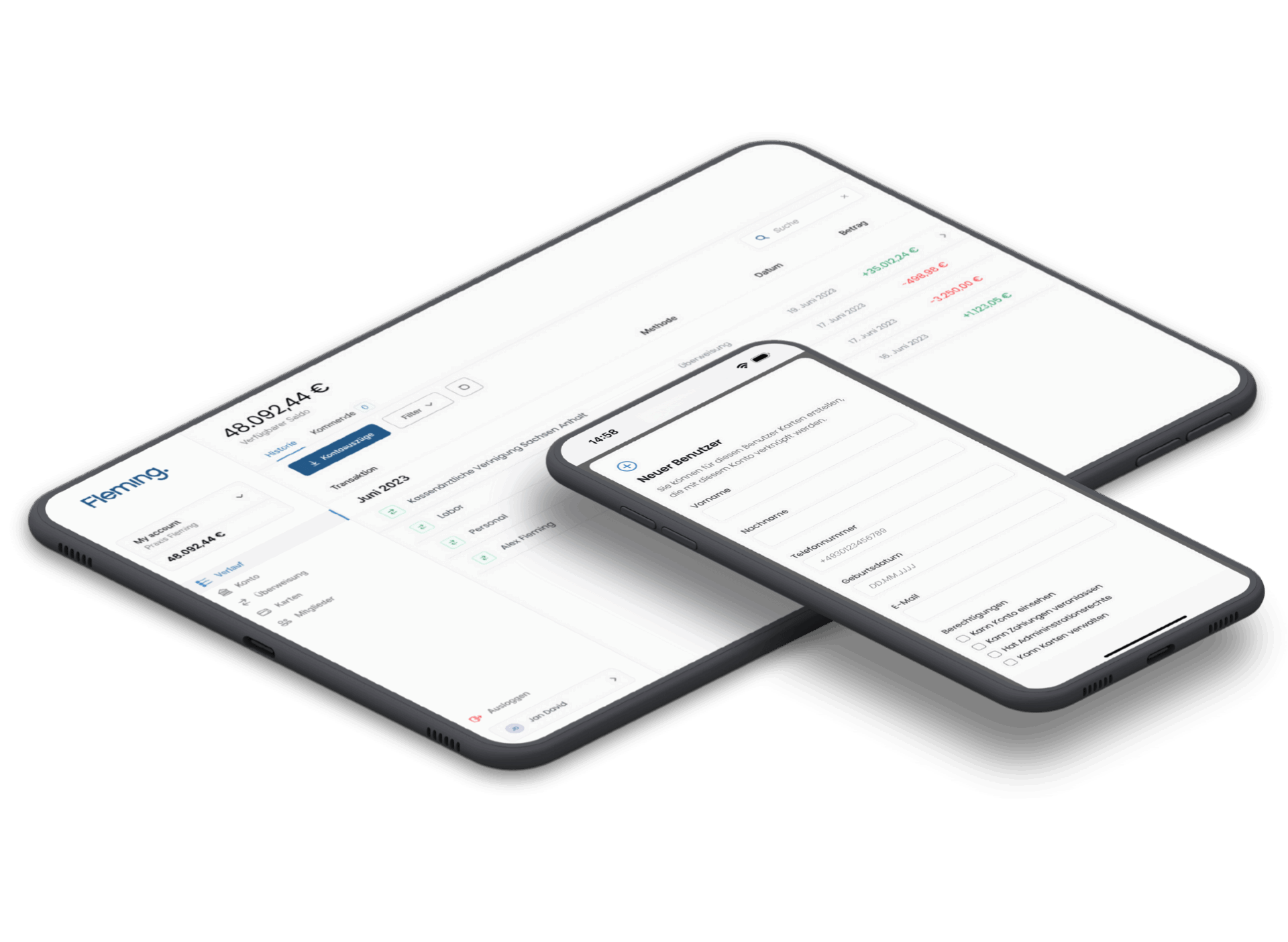 Auf einem Tablet und einem Smartphone wird eine Finanz-App der Ärztebank angezeigt. Auf dem Tablet sind auf dem Bildschirm Kontodetails, Saldeninformationen und Transaktionsaufzeichnungen zu sehen, während auf dem Smartphone eine Einstellungs- oder Formularseite angezeigt wird. Beide Geräte ruhen elegant auf einem weißen Hintergrund.