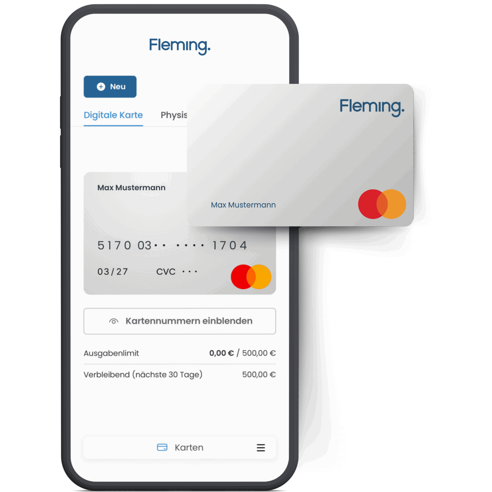 Auf einem Smartphone wird eine digitale Ärztebank-Karte in einer App-Oberfläche angezeigt, die Optionen für eine physische Karte, Transaktionslimits und Kontostandsabfragen bietet. Eine physische Karte mit demselben Design liegt neben dem Telefon und verbindet so nahtlos digitalen Komfort mit greifbarem Zugang.
