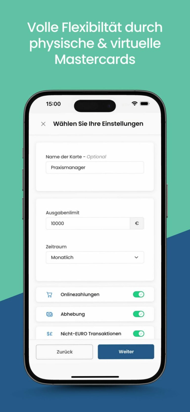Smartphone-Display mit deutscher Benutzeroberfläche zum Anpassen der Mastercard-Einstellungen, einschließlich Kartenname, Ausgabenlimit und Transaktionsoptionen, mit einer Überschrift zur Flexibilität bei physischen und virtuellen Mastercards.