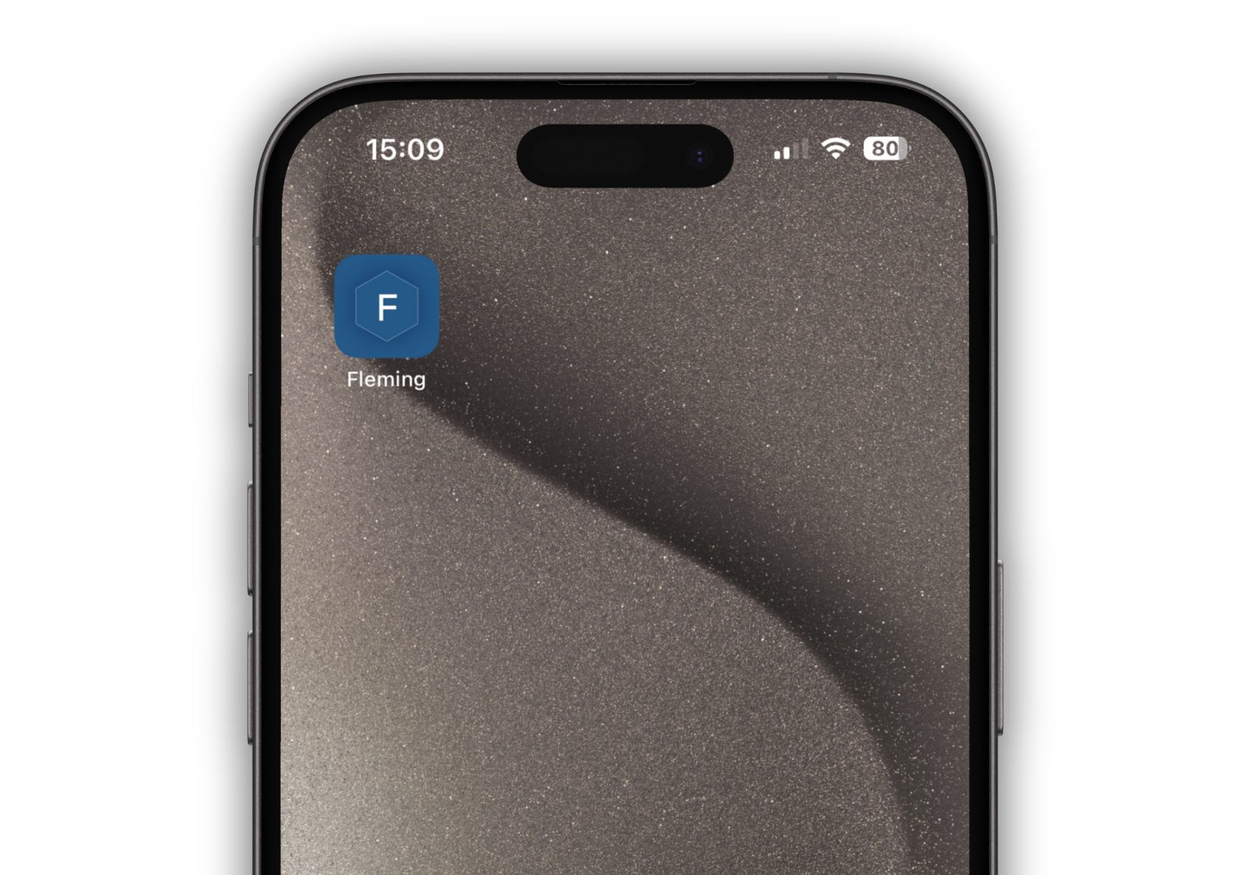 Nahaufnahme eines Smartphone-Bildschirms, auf dem ein Hintergrundbild mit einem subtilen Wellenmuster angezeigt wird. Oben links ist ein App-Symbol mit der Bezeichnung Fleming zu sehen. Die Uhrzeit zeigt 15:09 Uhr und in der oberen rechten Ecke ist der Akku bei 80 %.