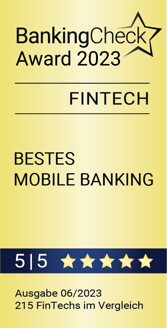 Eine Auszeichnung mit dem BankingCheck Award 2023 in der Kategorie FinTech für das beste Mobile Banking. Sie ist mit 5 Sternen ausgezeichnet und enthält Details: Ausgabe 06/2023, 215 FinTechs im Vergleich.