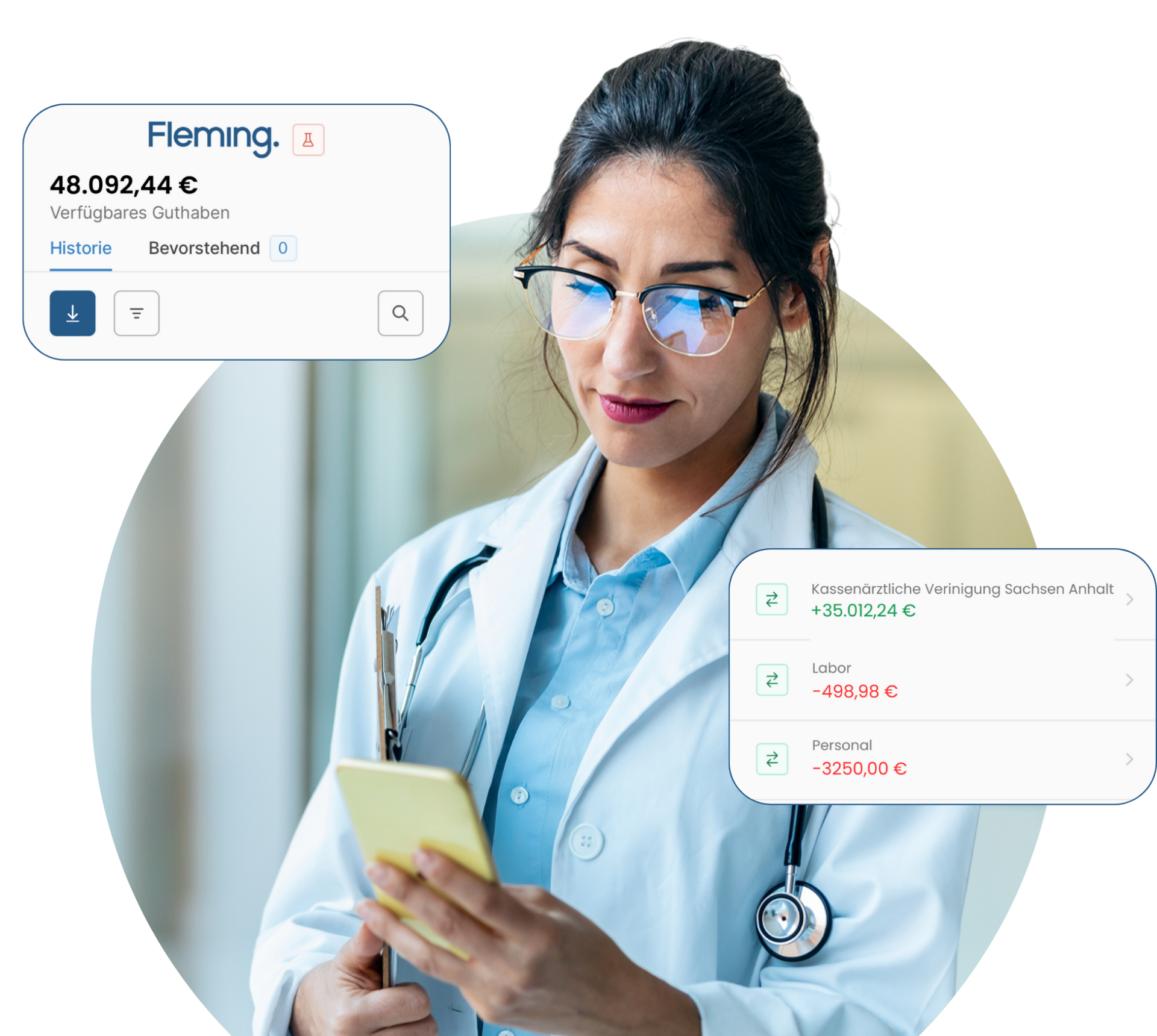 Eine Ärztin im Laborkittel wirkt konzentriert und hält ein Tablet in der Hand. Neben ihr zeigen digitale Oberflächenelemente Finanzdaten an, darunter Kontostand und Ausgaben für Labor und Personal.