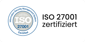 ISO 27001-Zertifizierungslogo mit deutschem Text „ISO 27001 zertifiziert“. Das Logo besteht aus einem blauen Kreis mit dem Informationssicherheits-Managementsystem und 27001 um einen Globus mit ISO in der Mitte.